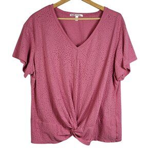 Seven 7 Pullover Semi Sheer Top Pink XXL Dots Short Sleeve V Neck Twist Front Lo